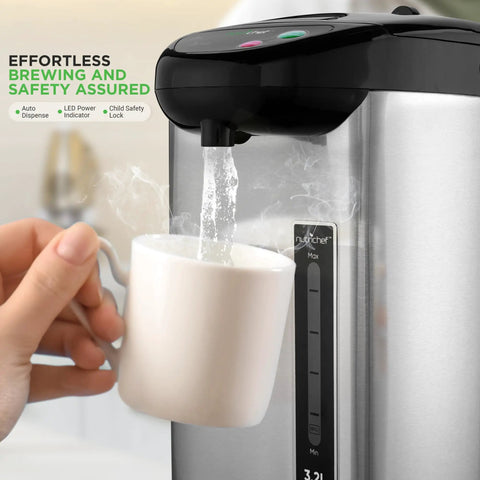 Insulated Stainless Steel Hot Water Urn With Auto And Manual Dispense, Electric Boiler with Safety Lock Shutoff, 3.2 L capacity