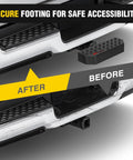 2-Inch Hitch Step With 11.9 Inch Textured Anti Slip Bar And Rear Bumper Guard For Universal Fit illustration before and after