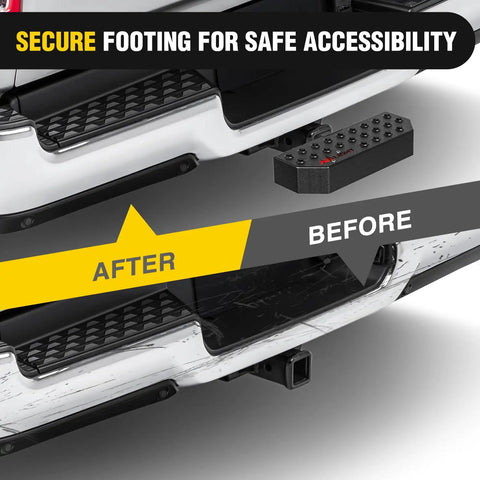 2-Inch Hitch Step With 11.9 Inch Textured Anti Slip Bar And Rear Bumper Guard For Universal Fit illustration before and after