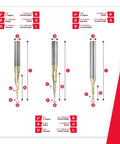 Pro Grade Up Cut Spiral CNC Router Bit Set ZrN Coated showing dimensions of 1mm, 1/16, and 1/8 bits for routing and carving.