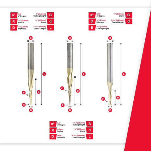 Pro Grade Up Cut Spiral CNC Router Bit Set ZrN Coated showing dimensions of 1mm, 1/16, and 1/8 bits for routing and carving.