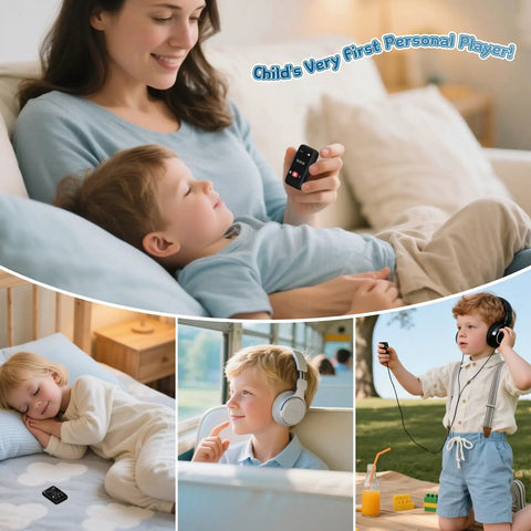 Children enjoying a Totally Kid Friendly Bluetooth MP3 Player For Kids With 32GB Storage in various settings, durable compact design.