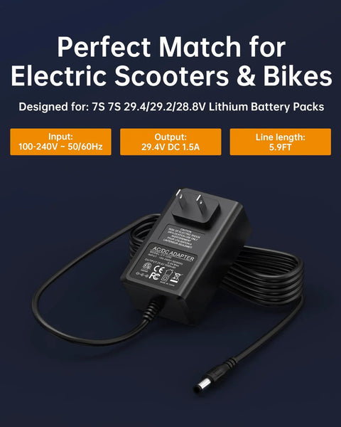 29.4V Lithium Battery Charger For 24V 25.2V 25.6V 25.9V Scooters And Balance Bikes With LED Indicator Not For 36V 42V Systems Turbo Fast Charge 1.5A DC5525 Or 3 Pin Aviation Plug