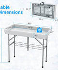 Folding Ice Cooler Table With Skirt And Drain Hose Portable Self Serving Beverage Bar For Parties Picnics Barbecues Outdoor Events White Keeps Drinks Cold On The Go, foldable, white with dimension label, showing full size and folded measurements.