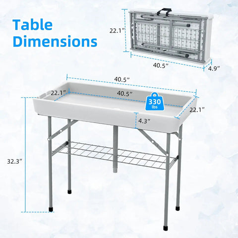 Folding Ice Cooler Table With Skirt And Drain Hose Portable Self Serving Beverage Bar For Parties Picnics Barbecues Outdoor Events White Keeps Drinks Cold On The Go, foldable, white with dimension label, showing full size and folded measurements.