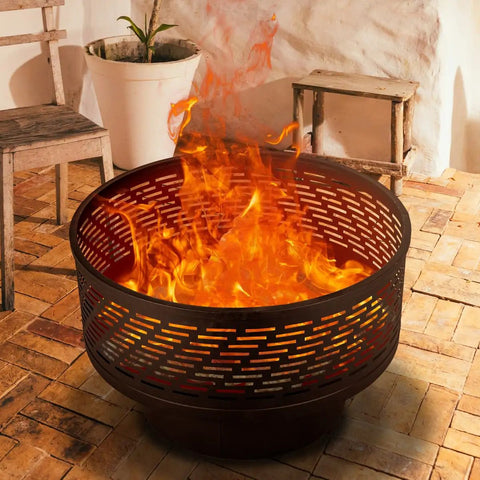 26 Inch Wood Burning Fire Pit Table With Grill And Lid For Backyard BBQs And Bonfire Nights, flames inside metal pit