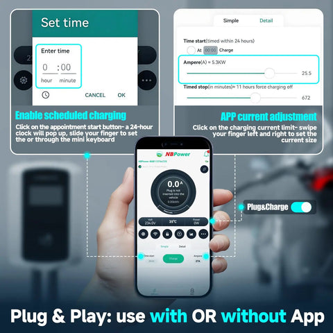 Level 2 EV Charger 48 Amp Smart Display showing app features for charging and scheduling settings on smartphone.