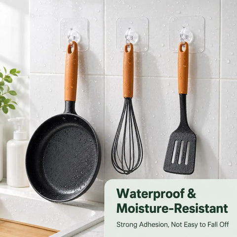 Clear Adhesive Hooks Zero Drama Strong Grip for Shower Wall Organizers No Damage Pegs Bathroom Storage 12 Pieces holding kitchen utensils