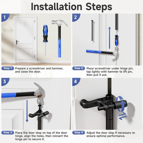 Installation steps for Tough As Nails Hinge Pin Door Stopper With Adjustable Springs And Soft Silicone Caps.