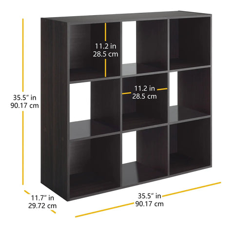 9 Cube Storage Organizer Shelf Unit for Living Room and Bedroom, 3 Tier Stackable MDF Wood Display Shelf with dimensions