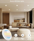 Living room with 12 Pack 6 Inch LED Disk Lights Flush Mount Ceiling Downlights Recessed Can Lighting 1050 Lumens 15W