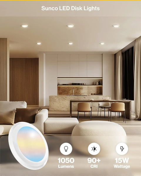 Living room with 12 Pack 6 Inch LED Disk Lights Flush Mount Ceiling Downlights Recessed Can Lighting 1050 Lumens 15W