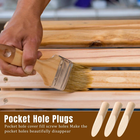 Applying finish to wooden boards using 300 pack solid wood pocket hole plugs for pocket hole jig, pine wood plugs for DIY woodworking.