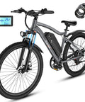 Ride Ready Adult Electric Bike 26 Inch Commuter With Crisp Seven Speed Shifting Zero Sweat 720W Peak Motor For Rough Roads Lightweight Ebike With Removable Battery And Long Weekend Range In Gray with display and battery.