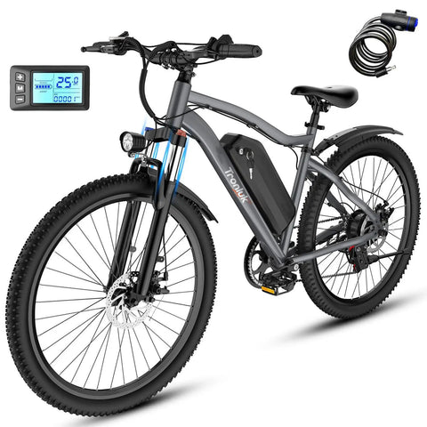Ride Ready Adult Electric Bike 26 Inch Commuter With Crisp Seven Speed Shifting Zero Sweat 720W Peak Motor For Rough Roads Lightweight Ebike With Removable Battery And Long Weekend Range In Gray with display and battery.