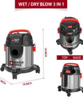 Stainless Steel 4 Gallon Wet Dry Shop Vacuum With Lightweight Portable Design Beast Power 4 HP Motor For Serious Suction Quiet Operation 3 In 1 Function With Attachments For Dry Wet Blowing And Cleanup shown from multiple angles