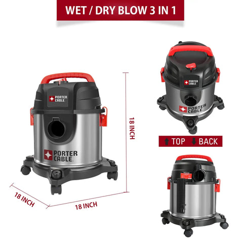 Stainless Steel 4 Gallon Wet Dry Shop Vacuum With Lightweight Portable Design Beast Power 4 HP Motor For Serious Suction Quiet Operation 3 In 1 Function With Attachments For Dry Wet Blowing And Cleanup shown from multiple angles