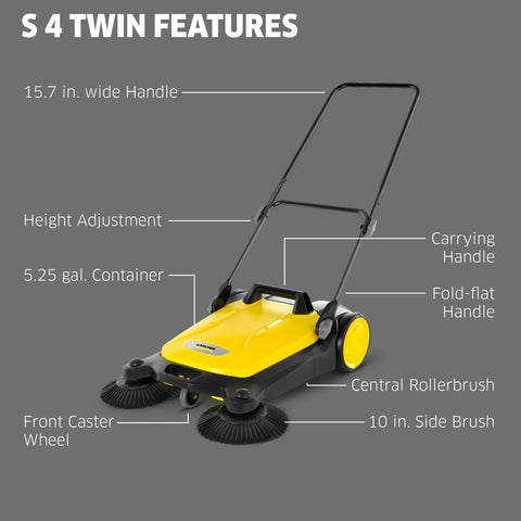 Walk Behind Outdoor Push Sweeper S 4 Twin for Workshops and Garages Cleans Up to 5 Times Faster Than a Broom shown with features