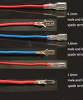 Feggizuli spade terminal kit with insulated sleeves; red/blue wires and 6.3/4.8/2.8mm male and female terminals.