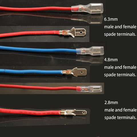 Feggizuli spade terminal kit with insulated sleeves; red/blue wires and 6.3/4.8/2.8mm male and female terminals.