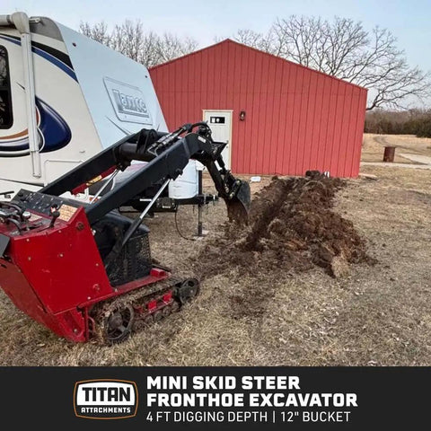 Red Mini Skid Steer Fronthoe Backhoe Attachment with 12 Inch Hydraulic Tilt Bucket at work digging trench on grass terrain.