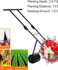Walk Behind Hand Push Roller Seeder Machine for backyard gardens with 12 nozzles and iron beak design, side view.