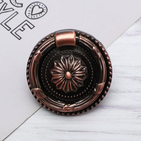 5 Pack Round Vintage Cabinet Drawer Pull Handles With Red Bronze Finish Dope Vintage Look 47mm Diameter Single Hole Metal Knob Rings Decorative Kitchen Wardrobe Dresser Hardware Multi Purpose Cabinet Pulls For Furniture, close-up of a single knob design