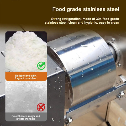 Close-up of Commercial Snowflake Ice Machine Making Two Seventy Five Pounds Daily Automatic Shaved Ice Maker With Quick Chill Air Cooling.