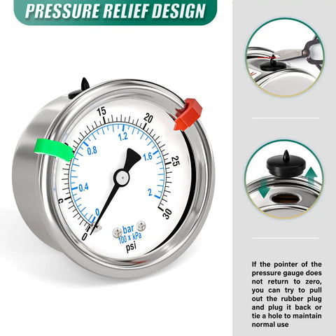 Stainless Steel Dry Pressure Gauge 0-30 Psi With 2 Inch Dial Back Mount One Eighth Inch NPT Dual Scale Waterproof Close-Up