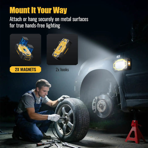 Rechargeable Magnetic Work Light With 8000mAh Battery, Dual COB LEDs, 8 Lighting Modes, IP65 Waterproof, shown mounted on car