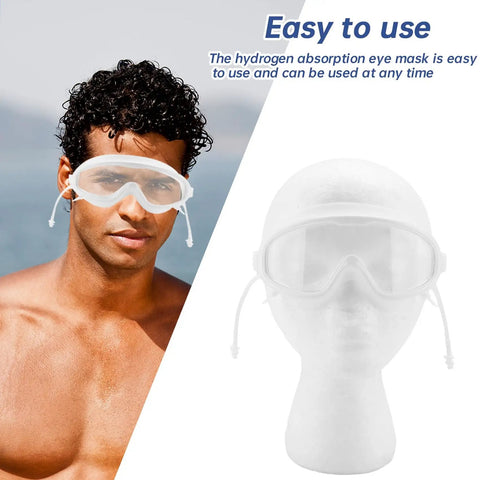 Man wearing Hydrogen Eye Mask Kit With Inhalation Device And Cooling Glasses for eye fatigue relief, with mannequin display.