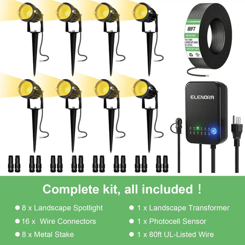 All In One Low Voltage Landscape Lighting Kit With 8 Waterproof LED Spotlights, 80 W Transformer, 80 Ft Wire And Connectors