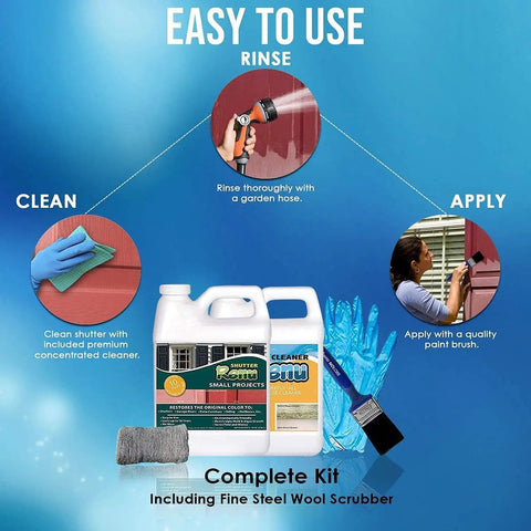 No Brainer Game Changing Premium Exterior Restorer kit showing cleaner, scrubber, gloves, and application steps for shutters and surfaces.