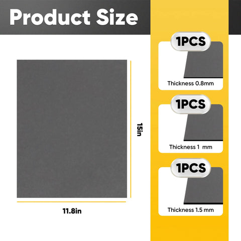Front view: Terixe gasket material sheets, 3-pack, 15x11.8 in, non-asbestos, high-temp; thickness 0.8mm, 1.0mm, 1.5mm