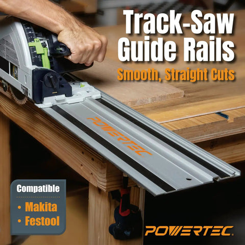 Nail Those Long Cuts With This Heavy Duty Track Saw Extension Kit Featuring Two Extruded Aluminum Guide Rails And Rock Solid Splice Connectors For Makita Or Festool Woodwork Projects. Track saw in use on aluminum rails.