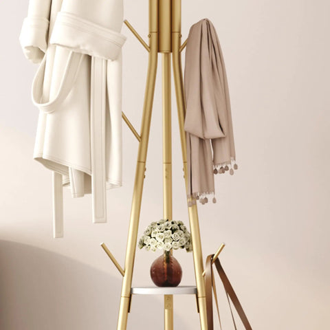 Coat Rack With 12 Hooks Freestanding Hall Tree In Gold Finish with clothes, scarf, and vase on wooden shelves