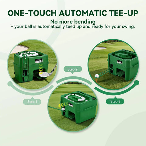 Portable Golf Ball Dispenser And Tee Machine With 50 Ball Capacity showing steps for tee-up, in green color on grass.