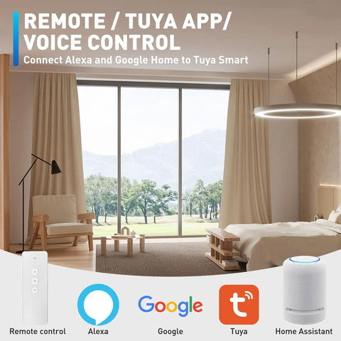 Ceiling Mounted Motorized Curtain Track System With Retractable Rod, Adjustable 70 To 129 Inch Length, Electric Opener For Smart Home, Works With Alexa, Google Home, And Tuya Voice Control, Remote Included. Bedroom with remote and voice control icons