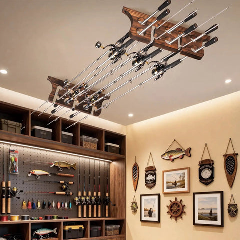 Solid Wood Wall Mount Fishing Rod Rack Keeps Your Poles Neatly Stowed Holds Up To 10 Fishing Rods Perfect Garage Or Shed Organizer With Waterproof Finish And Heavy Duty Stability installed on ceiling with rods.