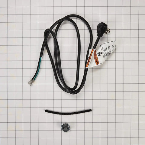Genuine OEM Power Cord Kit For Dishwashers Black With Grommet And Metal Strain Relief displayed on grid background