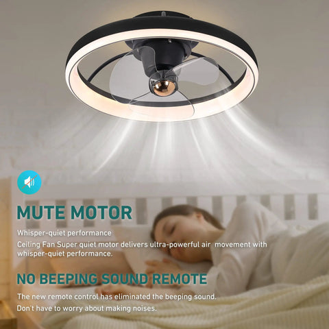 Low Profile 360-Degree Bladeless Ceiling Fan With Light Kit, flush mount, shown in a bedroom with airflow demonstration