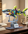 Glow In The Dark Mechanical Shark Building Set With 747 Pieces Realistic Ocean Creature Model Kit Featuring Rotating Jaws And Fins Linkage Function And Display Stand STEM Toy Gift For Kids Teens And Adults on display stand