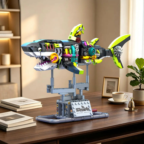 Glow In The Dark Mechanical Shark Building Set With 747 Pieces Realistic Ocean Creature Model Kit Featuring Rotating Jaws And Fins Linkage Function And Display Stand STEM Toy Gift For Kids Teens And Adults on display stand