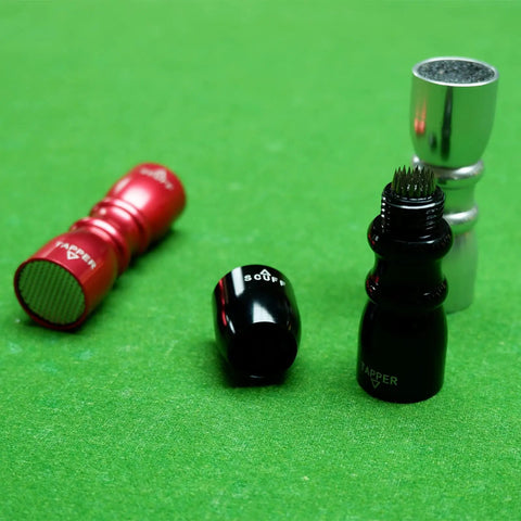 Three In One Pool Cue Tip Tool Scuffer Shaper And Aerator For Billiards 2024 Upgrade shown on green table with multiple colors