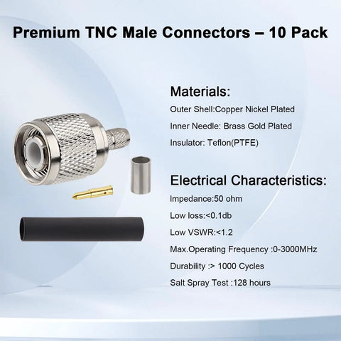Crimp Tnc Male Coax Connector Kit 10 Pack With Heat Shrink Tubes For RG58 RG142 RG400 LMR195 KSR195 3D FB Cables