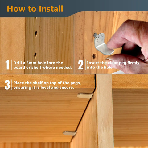 Installation guide for Set Of 50 5mm L Shaped Shelf Pegs For Cabinets Bookshelves And Closets Nickel Plated Shelf Pins