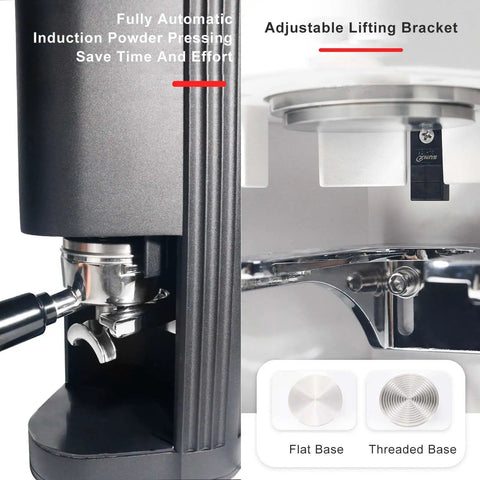 Fully Automatic Espresso Tamper Machine With Slick Digital Controls And Adjustable Pressure For Dead On Accurate Extraction Every Single Time showing adjustable lifting bracket and flat base.