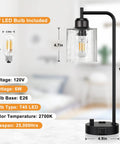 Bedside Table Lamp With USB C Charging Port And Outlets Fully Stepless Dimmable Black Desk Lamp With Glass Shade dimensions shown