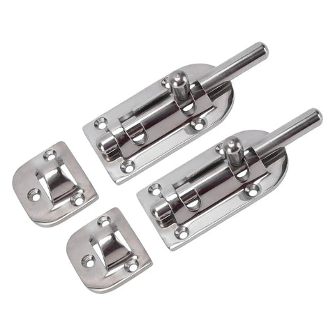 316 Stainless Marine Cabinet Lock Latch Sliding Kit With Polished Mirror Finish for boats and RVs, two latches and plates visible