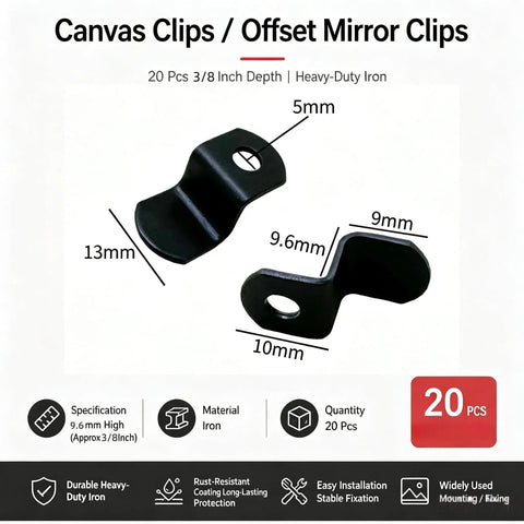 Three Eighths Inch Depth Flat Offset Canvas Clips Black Z Shaped Heavy Duty Mirror Clips For Frameless Mirror And Picture Framing Hardware With Screws Twenty Pieces, iron